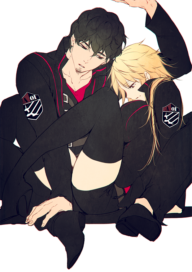 1boy, 1girl, alpha_signature, bangs, black_eyes, black_footwear, black_hair, black_jacket