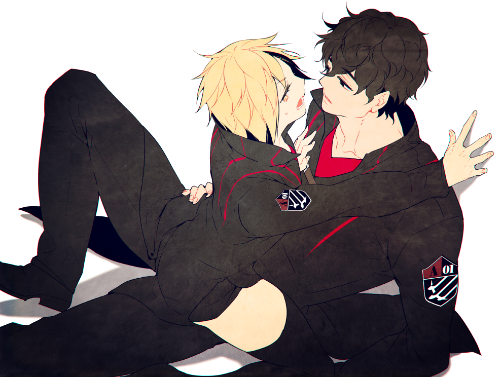 1boy, 1girl, alpha_signature, bangs, black_eyes, black_footwear, black_hair, black_legwear
