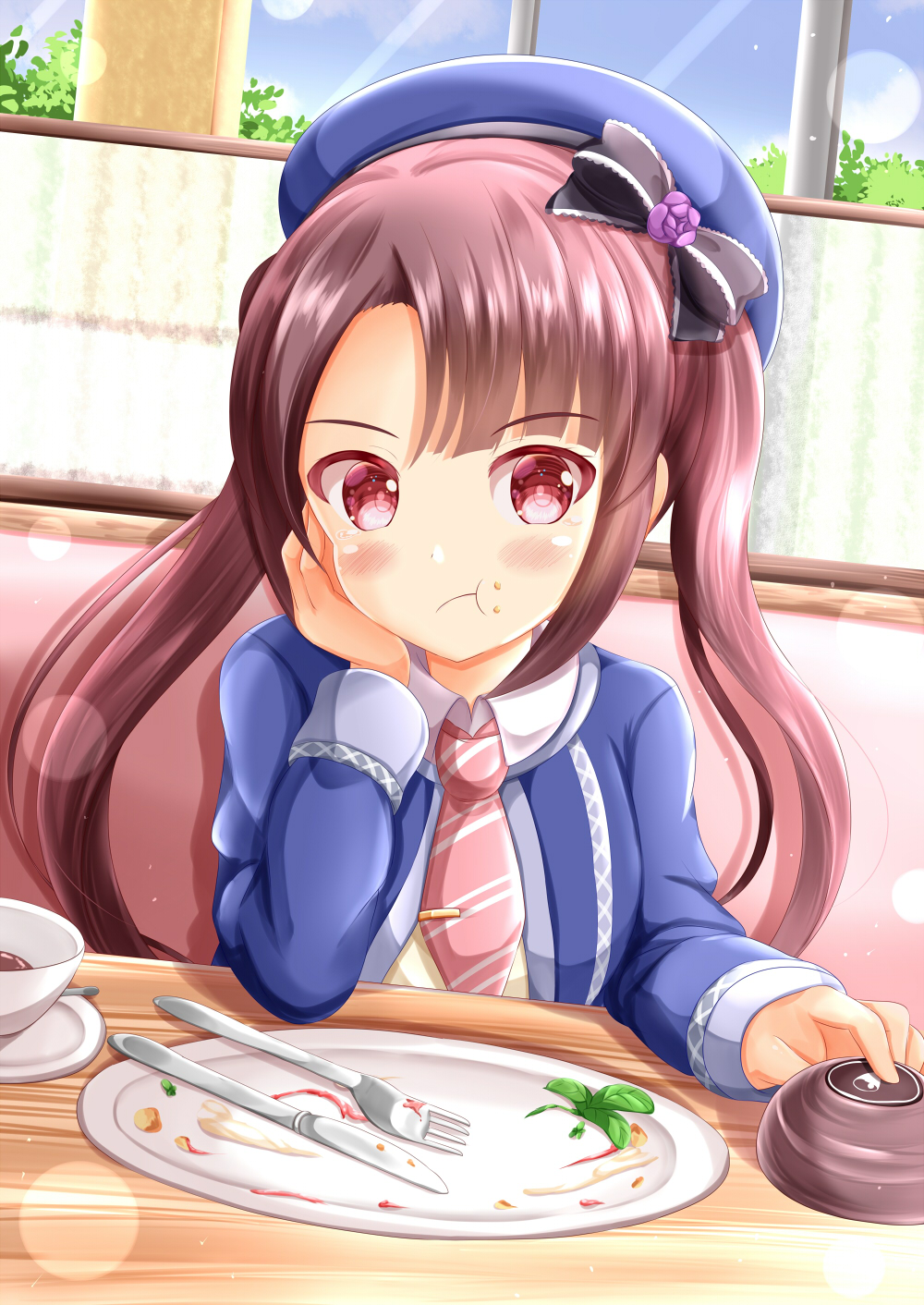 1girl, :t, beret, black_bow, blue_headwear, blue_jacket, blush, bow, brown_hair, closed_mouth, collared_shirt, commentary_request, day, diagonal-striped_neckwear, diagonal_stripes, food, food_on_face, fork, hair_bow, hand_up, hat, head_rest, highres, indoors, jacket, knife, long_hair, long_sleeves, looking_at_viewer, necktie, ongeki, open_clothes, open_jacket, pink_neckwear, plate, red_eyes, shinonome_tsumugi, shirt, short_necktie, sleeves_past_wrists, solo, striped, striped_neckwear, tie_clip, twintails, upper_body, white_shirt, window, zenon_(for_achieve)