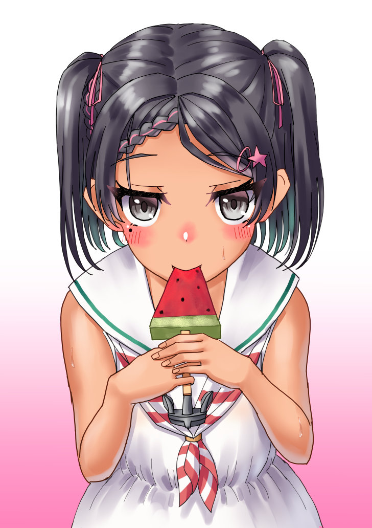 1girl, anchor_ornament, black_eyes, black_hair, braid, commentary_request, commission, cowboy_shot
