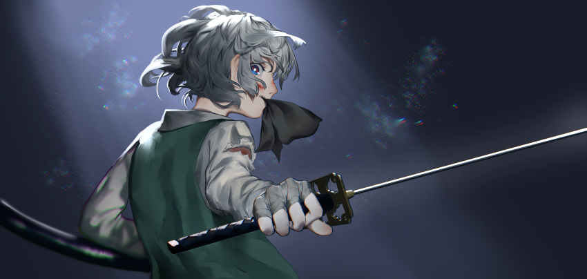 1girl, absurdres, arm_at_side, bandaged_hands, bandages, bangs, black_ribbon, blood