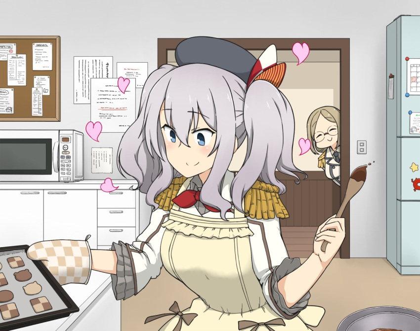 2girls, apron, baking_sheet, beret, black_headwear, black_neckwear, blue_eyes, brown_hair