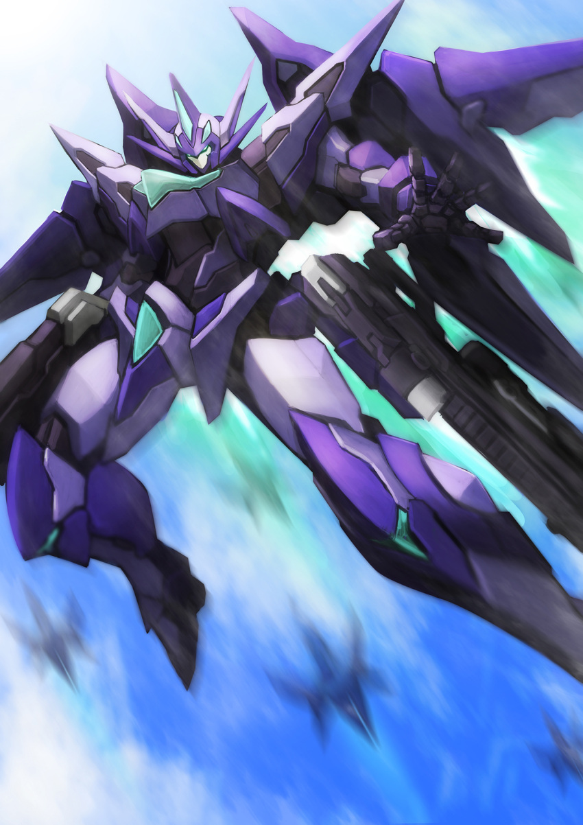 blue_eyes, flying, glowing, glowing_eyes, gun, highres, holstered_weapon, kadej