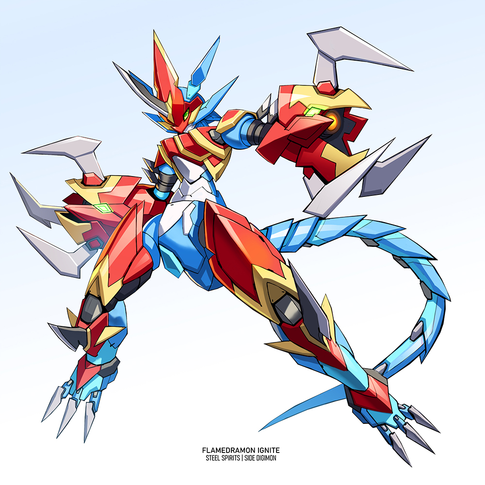 arm_cannon, character_name, claws, digimon, english_commentary, flamedramon, horns, kadej