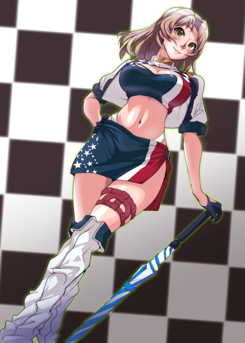 1girl, alternate_costume, bandeau, blue_skirt, boots, breasts, brown_eyes, commentary_request