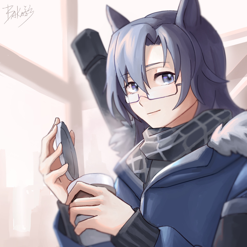 1girl, animal_ears, arknights, artist_name, bakage, bangs, black_scarf, blue_coat
