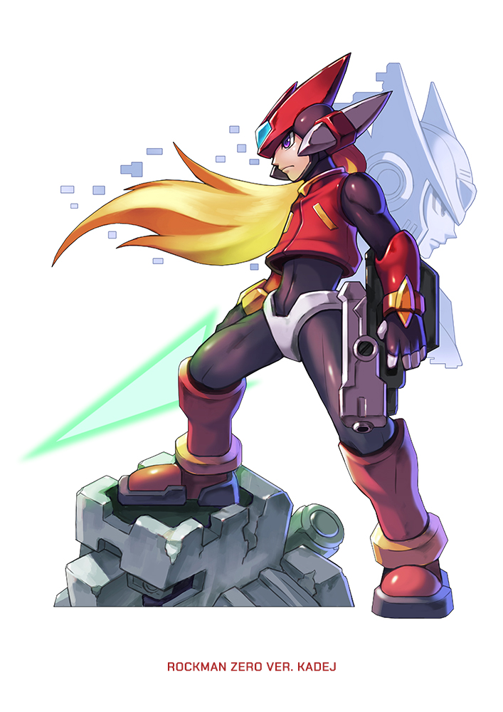 1boy, android, blonde_hair, energy_sword, floating_hair, from_side, gun, holding