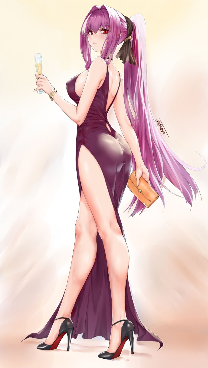 1girl, alcohol, alternate_costume, ass, bag, bangle, bangs, bare_arms, bare_legs, bare_shoulders, black_footwear, black_ribbon, bracelet, breasts, champagne, champagne_flute, closed_mouth, commentary_request, cup, dress, drinking_glass, evening_gown, eyebrows_visible_through_hair, fate/grand_order, fate_(series), from_side, hair_intakes, hair_ribbon, handbag, high_heels, high_ponytail, highres, holding, holding_bag, holding_cup, jewelry, large_breasts, legs, long_hair, looking_at_viewer, looking_to_the_side, pelvic_curtain, purple_dress, red_eyes, revision, ribbon, scathach_(fate)_(all), scathach_(fate/grand_order), sideboob, sidelocks, signature, sleeveless, sleeveless_dress, smile, solo, toyoman, very_long_hair