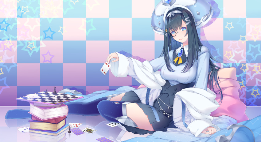 1girl, absurdres, ace_of_diamonds, bangs, bishop_(chess), black_hair, blue_coat, blue_eyes, blue_legwear, book, breasts, brooch, card, checkered, checkered_wall, chess_piece, chessboard, coat, commentary_request, constellation_print, four_of_hearts, full_body, hair_ornament, hairband, highres, holding, holding_card, hololive, hololive_china, jewelry, large_breasts, monocle, neyubi, pawn, playing_card, queen_(chess), queen_of_clubs, rook_(chess), rosalyn_(hololive), seven_of_spades, sitting, solo, ten_of_diamonds, thigh-highs, three_of_clubs, virtual_youtuber, yokozuwari