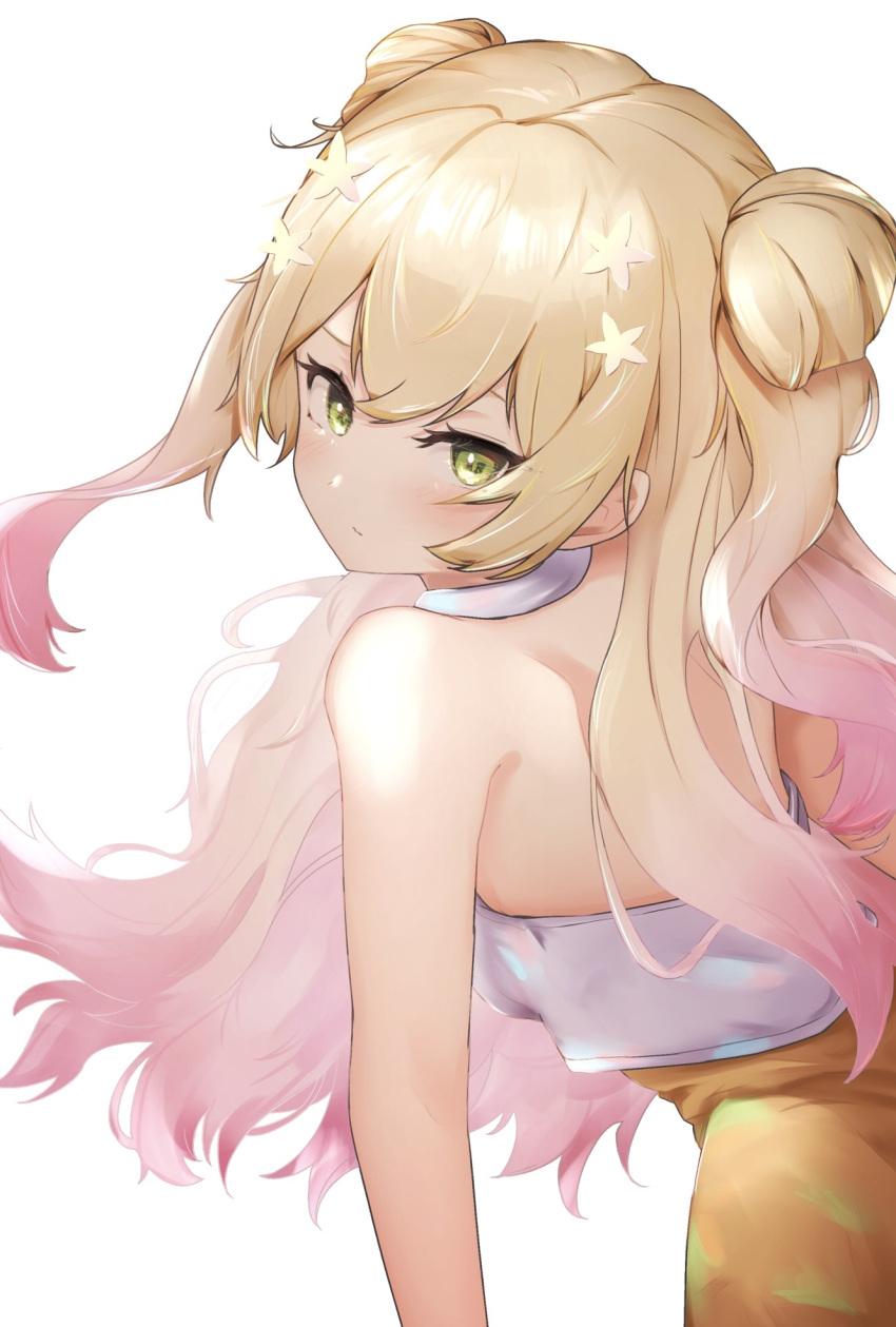 1girl, bare_shoulders, blonde_hair, commentary_request, double_bun, from_behind, gradient_hair, green_eyes, hair_ornament, highres, hololive, long_hair, looking_at_viewer, momosuzu_nene, multicolored_hair, pink_hair, simple_background, solo, st0427, two-tone_hair, virtual_youtuber, white_background