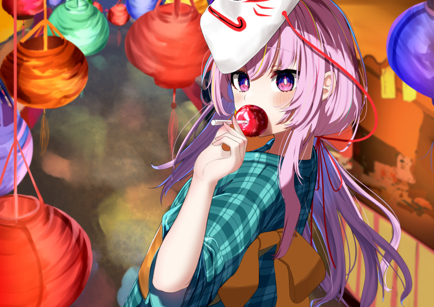 1girl, aqua_shirt, bangs, blurry, blurry_background, blush, bright_pupils, candy_apple