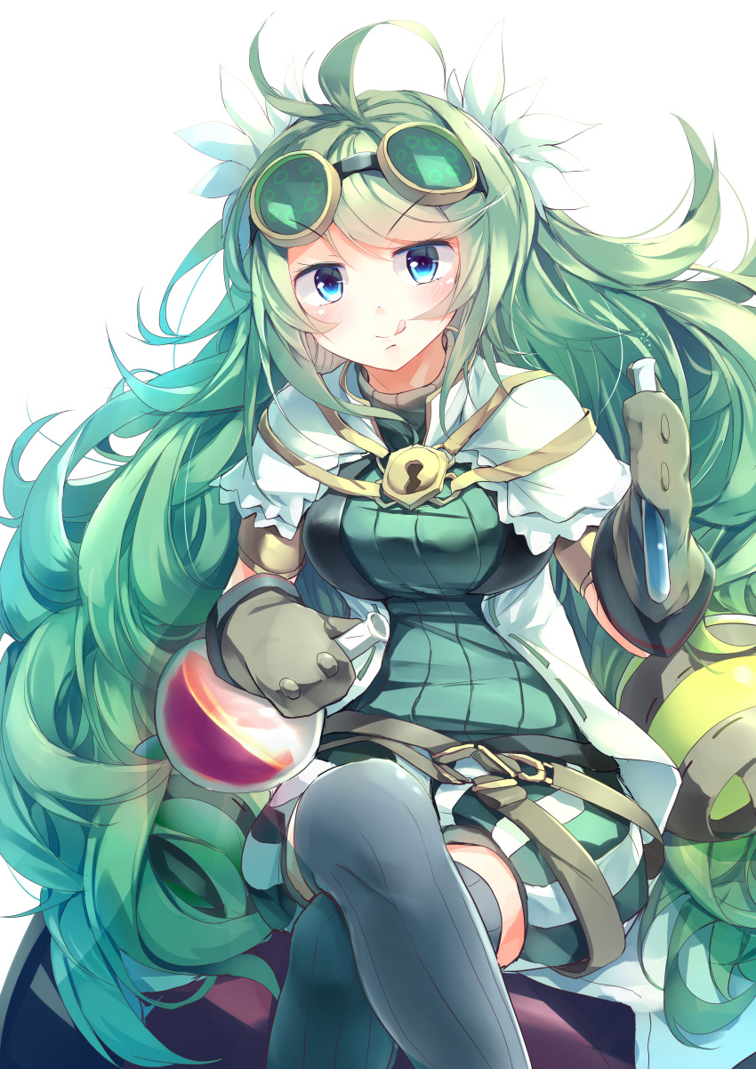 1girl, :d, absurdres, alchemic_magician, belt, blue_eyes, crossed_legs, duel_monster