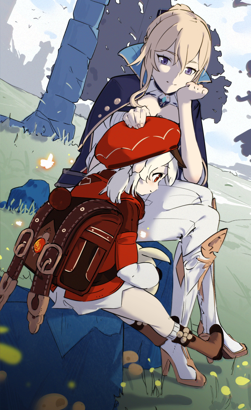 2girls, blonde_hair, blue_eyes, boots, bow, capelet, full_body, genshin_impact