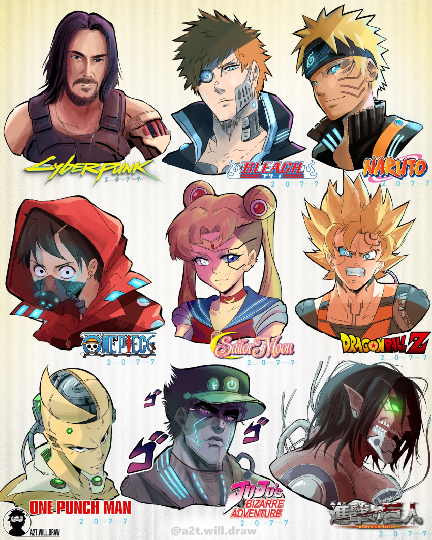 1girl, 6+boys, a2t_will_draw, android, bald, beard, bishoujo_senshi_sailor_moon, black_eyes