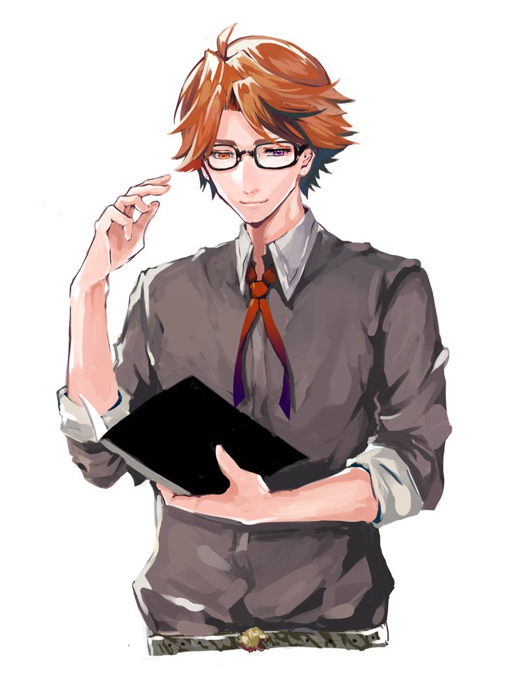 1boy, ahoge, aya240609, bespectacled, closed_mouth, glasses, heterochromia, holding, holostars, light_smile, looking_down, male_focus, mole, mole_under_eye, neck_ribbon, orange_eyes, orange_hair, ribbon, shirt, short_hair, simple_background, solo, upper_body, violet_eyes, virtual_youtuber, white_background, yukoku_roberu