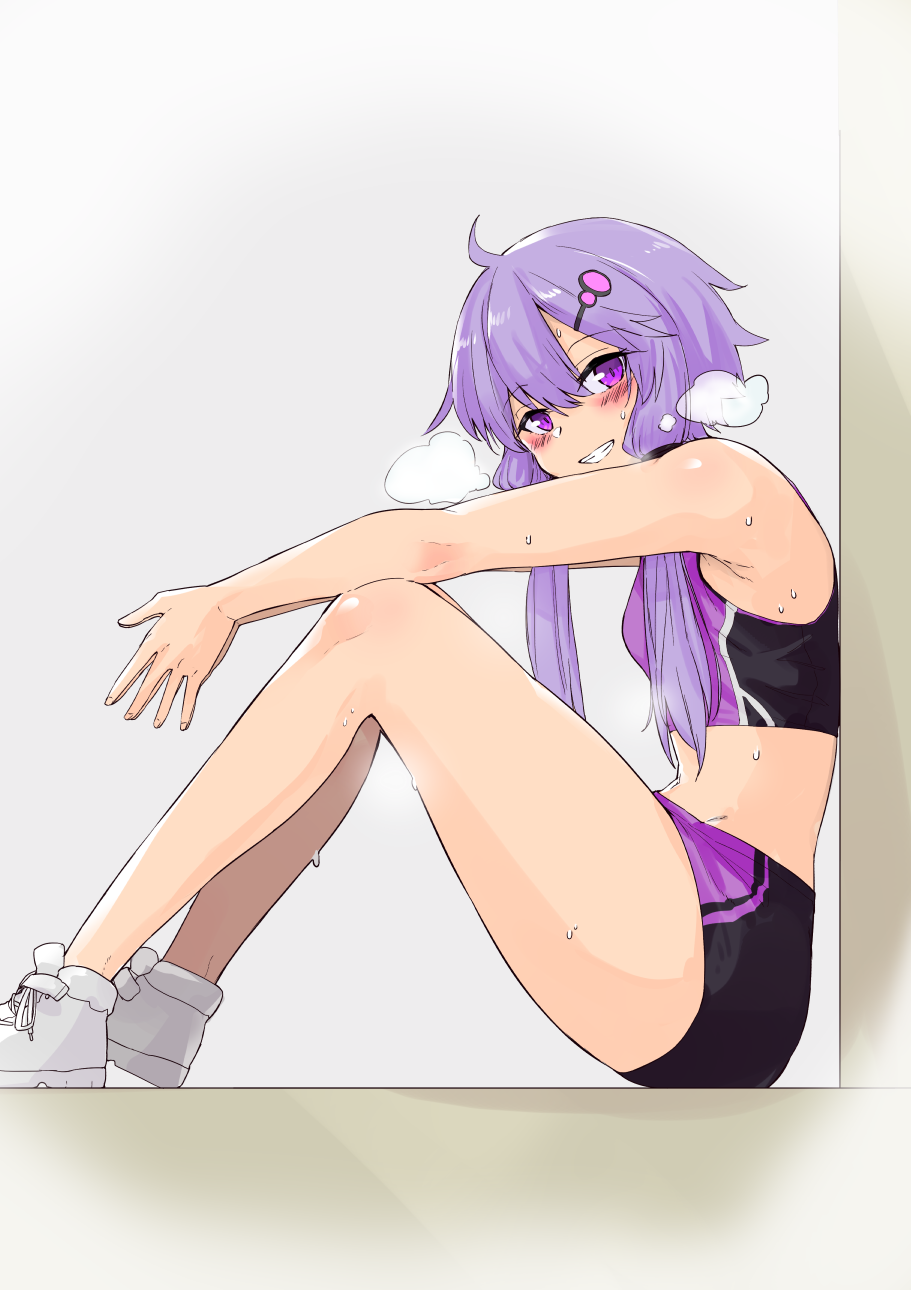 1girl, arms_on_knees, blush, commentary, from_side, grin, hair_ornament, half-closed_eyes