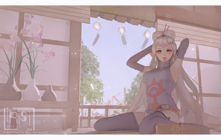 1girl, absurdres, armpits, elbow_gloves, flower, forehead_tattoo, gloves, hair_bun, hair_ornament, hair_stick, highres, hyrule_warriors:_age_of_calamity, impa, irisl, long_hair, looking_at_viewer, mouth_hold, ribbon, sheikah, sitting, sleeveless, the_legend_of_zelda, the_legend_of_zelda:_breath_of_the_wild, tree, vase, very_long_hair, wariza, wind_chime