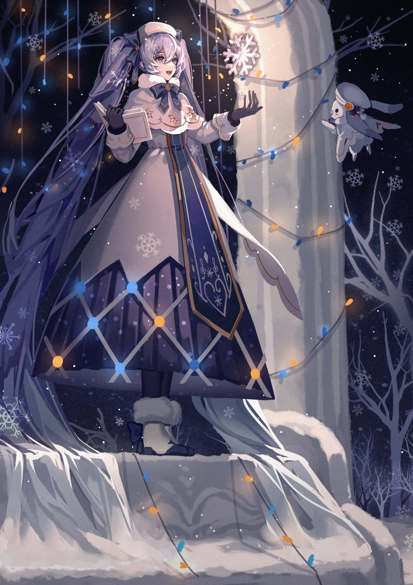 1girl, 1other, absurdres, arch, bangs, bass_clef, beret, blue_bow