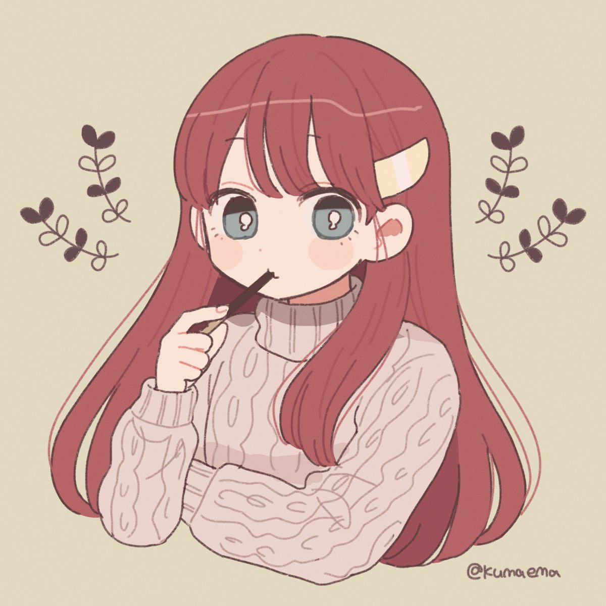 1girl, aran_sweater, barrette, blue_eyes, bright_pupils, cropped_torso, crossed_arms, eating