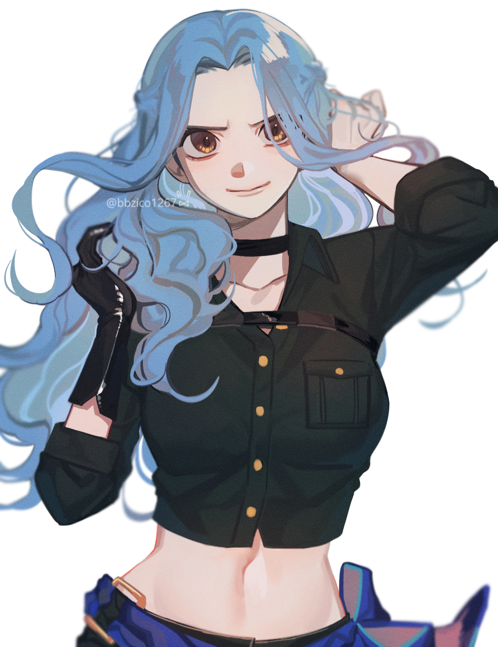 1girl, bbzico1267, blue_hair, breasts, choker, cropped_jacket, gloves, hand_in_hair