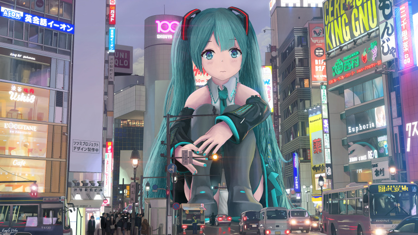 1girl, absurdres, aqua_eyes, aqua_hair, aqua_nails, aqua_neckwear, bare_shoulders, black_legwear, black_skirt, black_sleeves, building, bus, car, city, commentary, detached_sleeves, eagle_won, giantess, grey_shirt, ground_vehicle, hair_ornament, hatsune_miku, highres, huge_filesize, lamppost, leg_hug, long_hair, miniskirt, motor_vehicle, nail_polish, necktie, night, panties, pantyshot, photo-referenced, pleated_skirt, road, shibuya_(tokyo), shirt, shoulder_tattoo, sitting, skirt, sleeveless, sleeveless_shirt, street, tattoo, thigh-highs, traffic_light, twintails, underwear, very_long_hair, vocaloid
