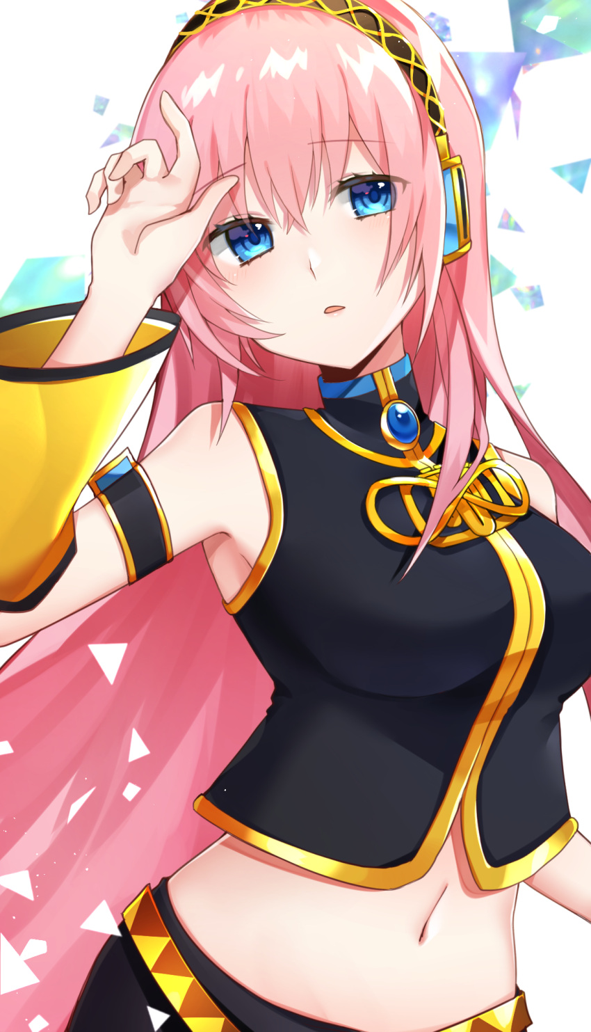 1girl, armband, bare_shoulders, belt, black_shirt, black_skirt, commentary, detached_sleeves, gold_trim, hand_up, headphones, highres, katsuobushi_(eba_games), long_hair, megurine_luka, midriff, navel, parted_lips, pink_hair, see-through_sleeves, shirt, single_detached_sleeve, skirt, solo, upper_body, very_long_hair, vocaloid