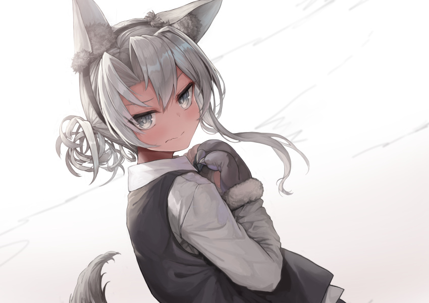 1girl, absurdres, animal_ear_fluff, animal_ears, asymmetrical_hair, bangs, dress_shirt, fake_animal_ears