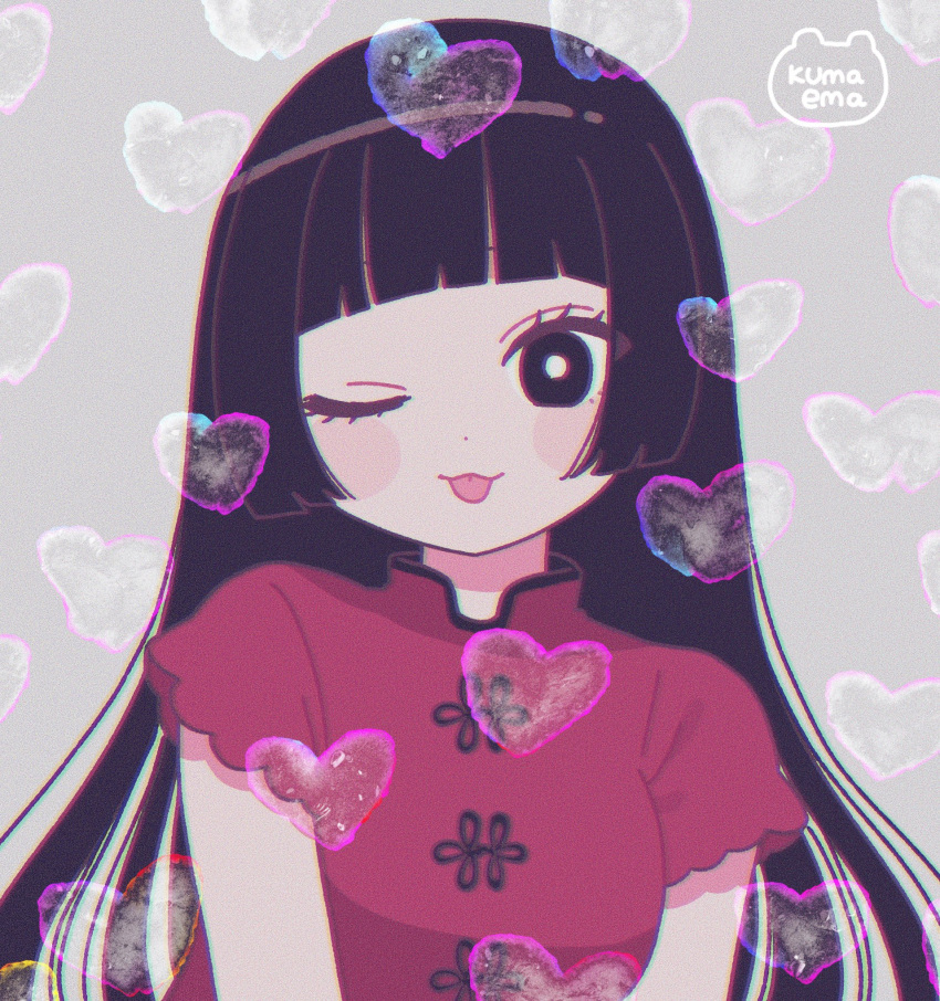 1girl, :p, ;p, artist_name, bangs, black_eyes, black_hair, blunt_bangs