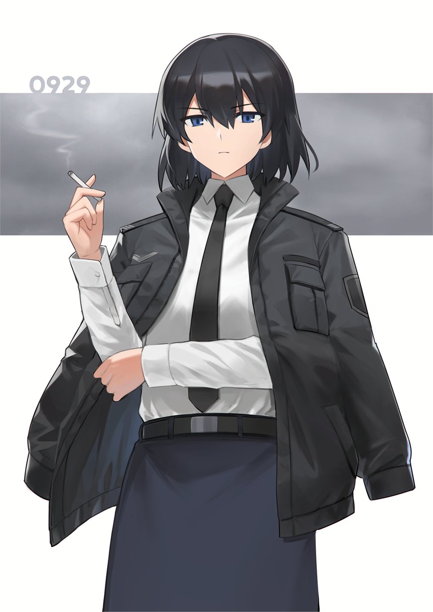 1girl, black_hair, blue_eyes, cigarette, highres, holding, holding_cigarette, jacket