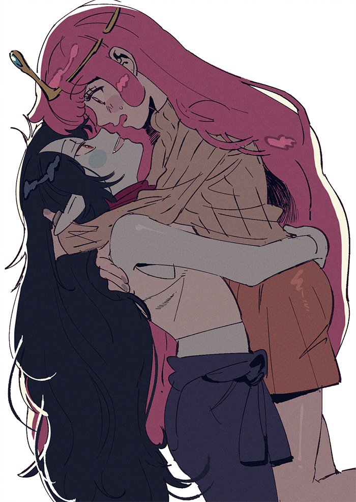 2girls, adventure_time, black_hair, clothes_around_waist, colored_skin, demon_girl, eye_contact, fangs