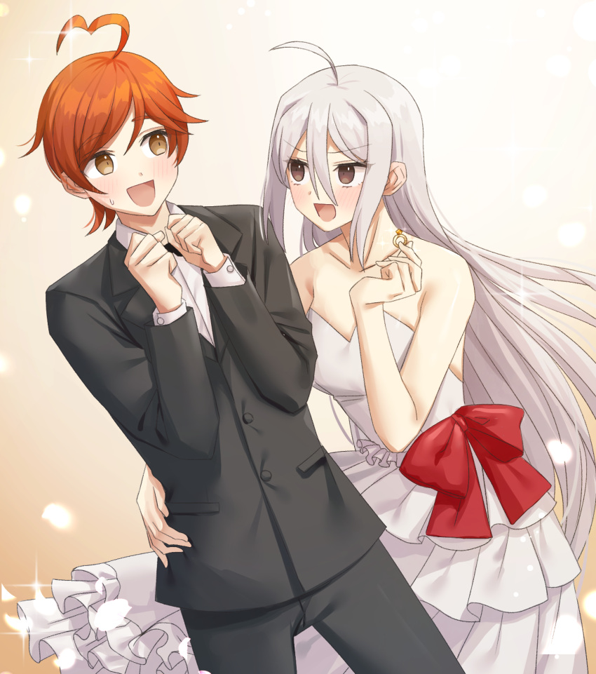 1boy, :d, ahoge, bangs, bare_shoulders, black_jacket, black_pants, black_suit, blush, bow, brown_eyes, collarbone, collared_shirt, commentary_request, crossdressinging, danganronpa_(series), dress, formal, grey_dress, grey_hair, hair_between_eyes, hand_on_another's_hip, hand_up, hands_up, heart_ahoge, highres, holding, jacket, jewelry, long_hair, maeda_yuki, open_mouth, pants, ppakunak, redhead, ring, shirt, short_hair, smile, sora_(super_danganronpa_another_2), strapless, strapless_dress, suit, super_danganronpa_another_2, sweatdrop, very_long_hair, wedding_dress