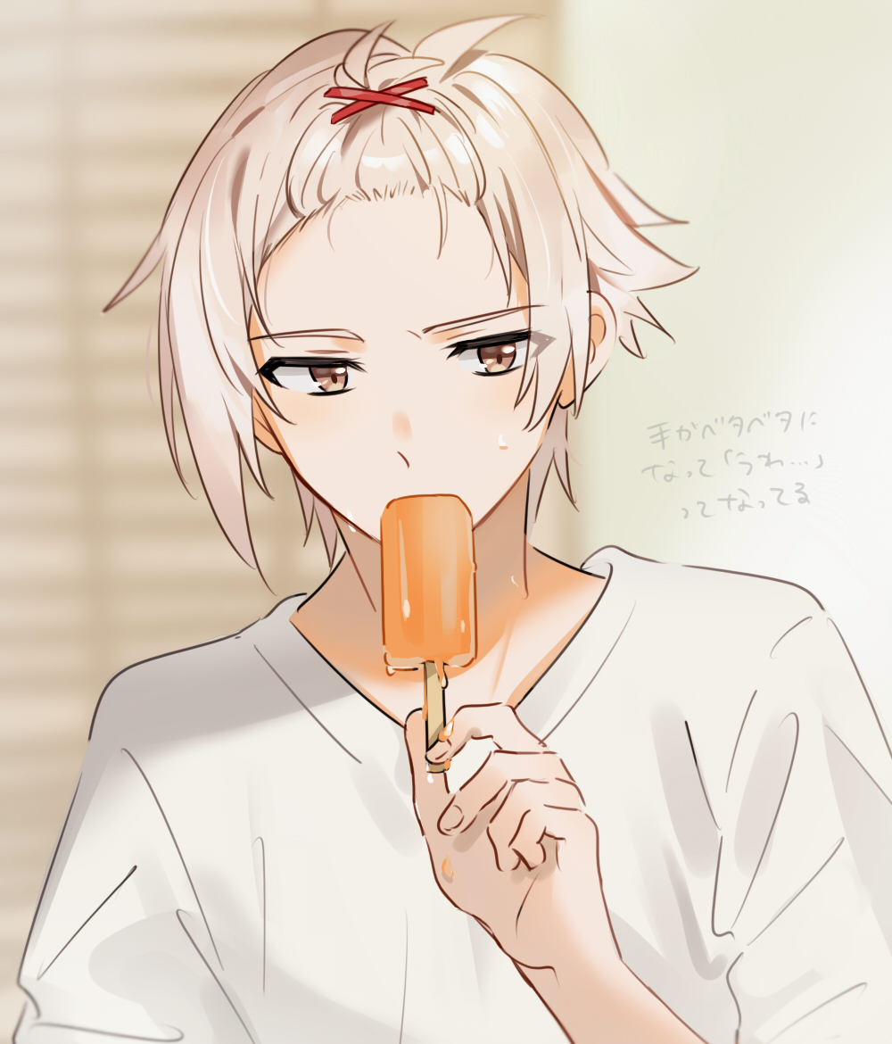 1boy, blonde_hair, brown_eyes, food, hair_ornament, hairclip, holding, holding_food