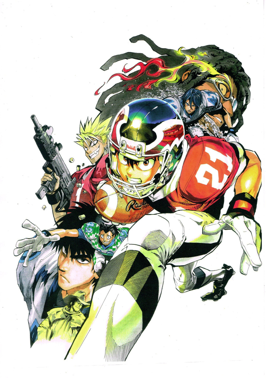 5boys, absurdres, blonde_hair, character_request, clenched_teeth, eyeshield_21, football, football_(object), football_helmet, football_uniform, gloves, goggles, grin, gun, hairlocs, helmet, highres, holding, holding_gun, holding_weapon, kobayakawa_sena, looking_at_viewer, multiple_boys, murata_yuusuke, official_art, pants, projected_inset, running, sharp_teeth, shoulder_pads, simple_background, smile, sportswear, submachine_gun, teeth, teikoku_alexanders, weapon, white_background, white_gloves, wide-eyed