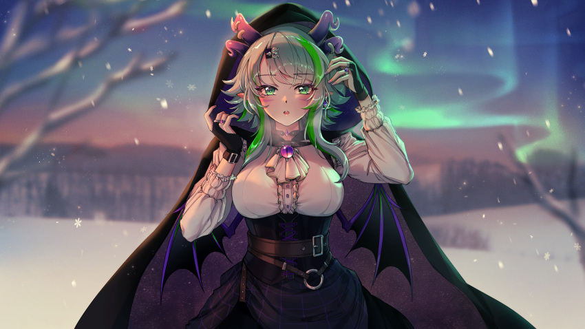 1girl, absurdres, aurora, bangs, belt, black_choker, black_gloves, breasts
