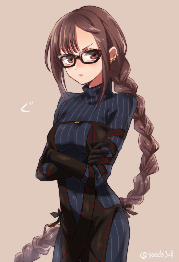 1girl, arm_strap, bangs, black_dress, black_gloves, blue_dress, blush, braid, braided_ponytail, breasts, brown_eyes, brown_hair, center_opening, consort_yu_(fate), crossed_arms, dress, earrings, elbow_gloves, fate/grand_order, fate_(series), glasses, gloves, jewelry, layered_dress, long_hair, long_sleeves, looking_at_viewer, medium_breasts, multiple_earrings, ribbed_dress, ribbon-trimmed_dress, seeds328, single_braid, very_long_hair