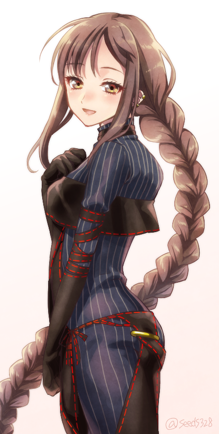 1girl, arm_strap, back, bangs, black_dress, black_gloves, blue_dress, blush