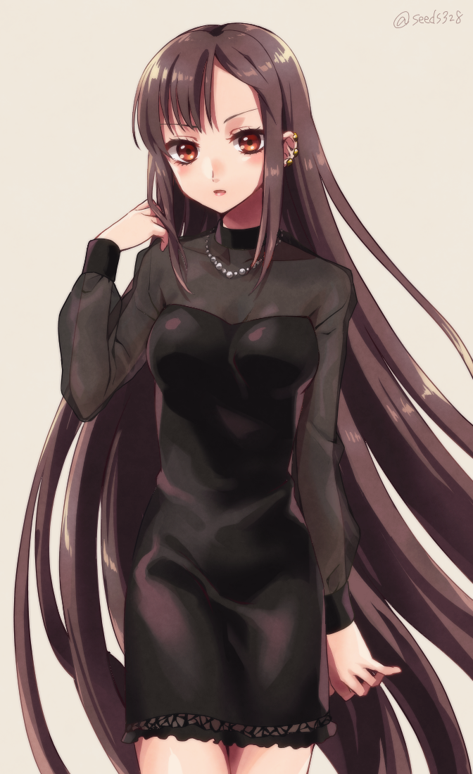 1girl, bangs, black_dress, blush, breasts, brown_eyes, brown_hair, consort_yu_(fate)