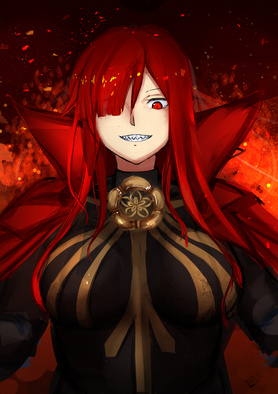 1girl, black_bodysuit, bodysuit, breasts, cape, fate/grand_order, fate_(series), fire