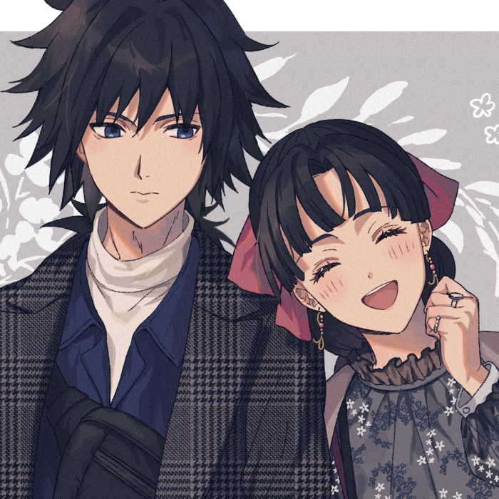 1boy, 1girl, 234_(1234!), :d, ^_^, bangs, black_hair, black_jacket