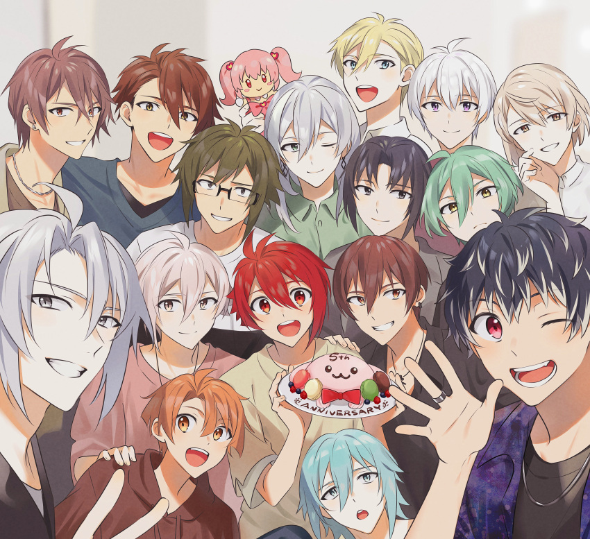 6+boys, :d, ;d, absurdres, ahoge, anniversary, black-framed_eyewear, black_eyes