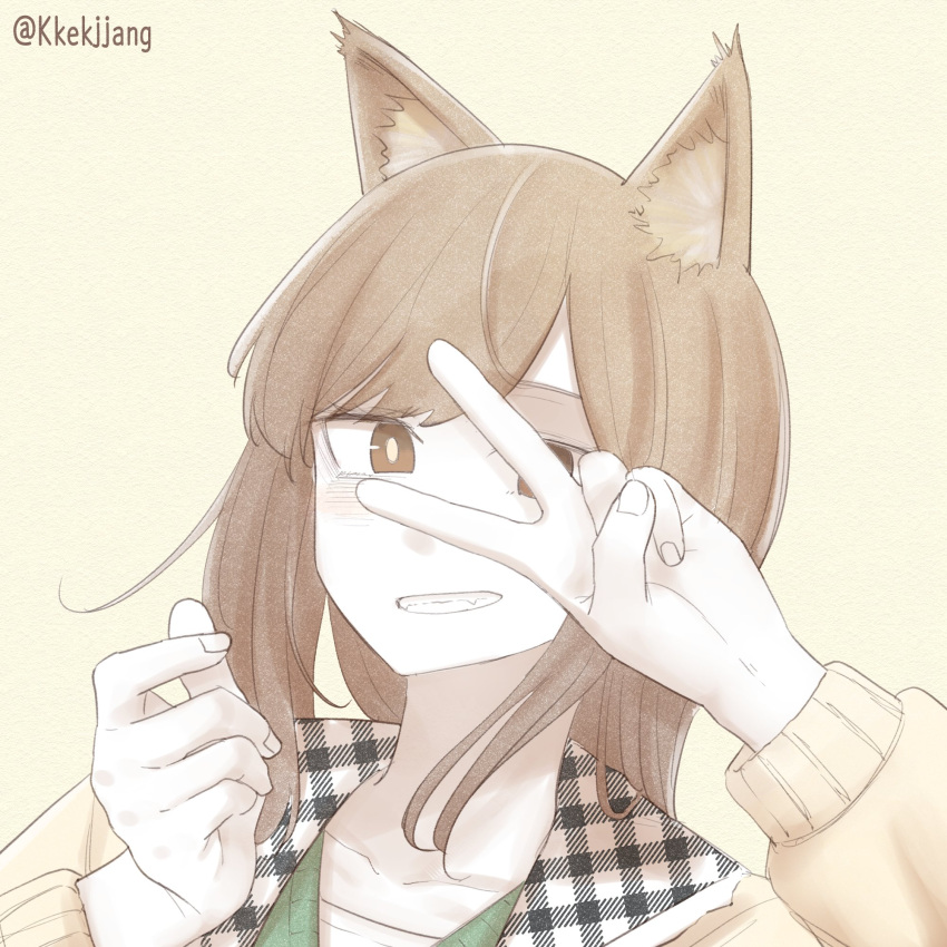 1girl, blush, bright_pupils, brown_eyes, brown_hair, fangs, fingernails, grin