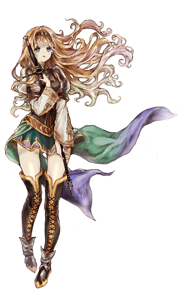 1girl, alicia_(valkyrie_profile_2), blonde_hair, blue_eyes, boots, holding, holding_weapon, long_hair, long_sleeves, skirt, sword, thigh-highs, thigh_boots, valkyrie_profile, vanillamieux, weapon, zettai_ryouiki