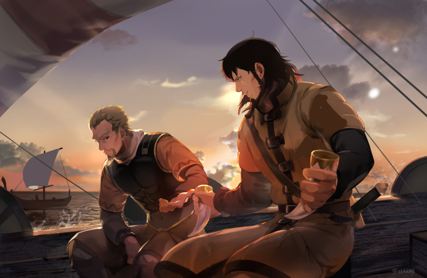 askeladd, bjorn_(vinland_saga), black_hair, blonde_hair, clouds, drinking_horn, highres, ocean