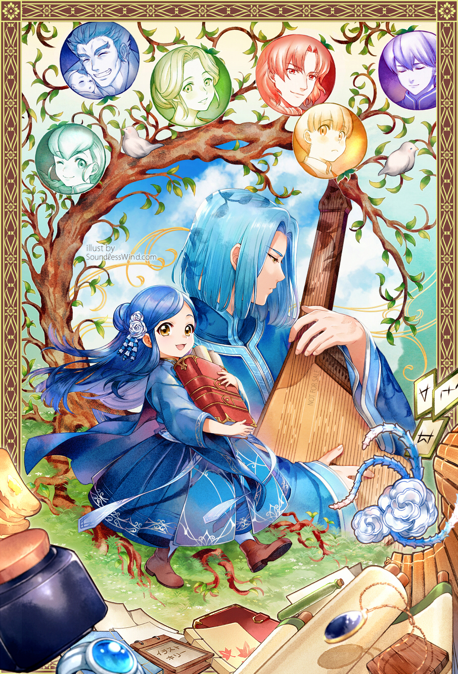 3girls, 6+boys, :d, animal, artist_name, baby, benno_(honzuki_no_gekokujou), bird, blue_cape, blue_dress, blue_hair, blue_legwear, book, boots, border, brown_footwear, cape, closed_mouth, commentary_request, day, dress, effa_(honzuki_no_gekokujou), eyebrows_visible_through_hair, ferdinand_(honzuki_no_gekokujou), flower, framed, fran_(honzuki_no_gekokujou), gunther_(honzuki_no_gekokujou), hair_bun, hair_flower, hair_ornament, highres, holding, holding_book, holding_instrument, honzuki_no_gekokujou, instrument, kamil_(honzuki_no_gekokujou), kaze-hime, long_hair, long_sleeves, lutz_(honzuki_no_gekokujou), maine_(honzuki_no_gekokujou), medium_hair, multiple_boys, multiple_girls, open_mouth, smile, tree, tuuli_(honzuki_no_gekokujou), walking, watermark, web_address, yellow_eyes