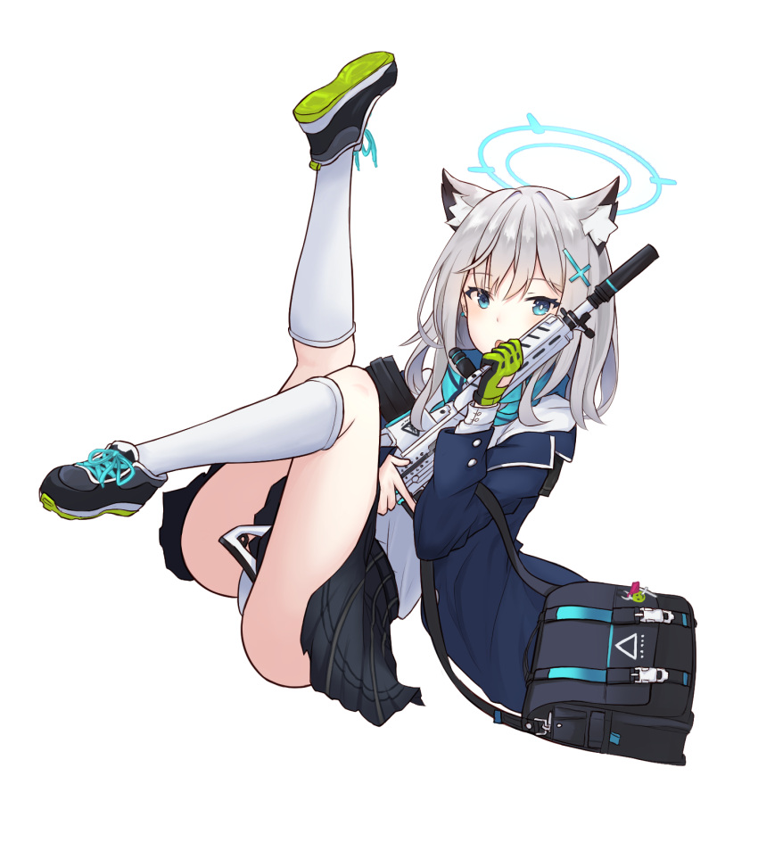 1girl, animal_ear_fluff, animal_ears, bag, black_footwear, blue_archive, blue_eyes, cat_ears, clov3r, gloves, grey_hair, gun, hair_ornament, hairclip, halo, highres, holding, holding_gun, holding_weapon, long_hair, long_sleeves, looking_at_viewer, open_mouth, panties, rifle, scarf, school_uniform, shiroko_(blue_archive), simple_background, skirt, solo, underwear, weapon, white_background, white_legwear, white_panties