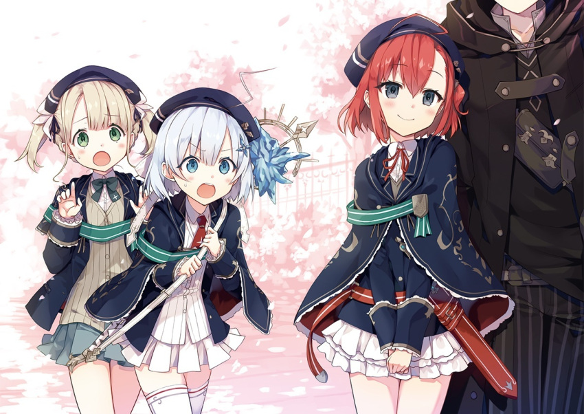 1boy, 3girls, :o, allen_(koujo_denka_no_katei_kyoushi), black_cape, black_pants, blonde_hair, blue_capelet, blue_eyes, blush, cape, capelet, collarbone, cura, day, eri_(koujo_denka_no_katei_kyoushi), eyebrows_visible_through_hair, green_neckwear, green_ribbon, hair_between_eyes, hands_together, head_out_of_frame, holding, hood, hood_down, hooded, koujo_denka_no_katei_kyoushi, layered_skirt, miniskirt, multiple_girls, neck_ribbon, necktie, novel_illustration, official_art, outdoors, pants, pleated_skirt, print_capelet, red_neckwear, red_ribbon, redhead, ribbon, rie_(koujo_denka_no_katei_kyoushi), sheath, sheathed, shirt, short_hair, short_necktie, side_ponytail, silver_hair, skirt, smile, standing, striped, striped_ribbon, sweatdrop, sword, textless, thigh-highs, tina_(koujo_denka_no_katei_kyoushi), vertical-striped_pants, vertical_stripes, weapon, white_background, white_legwear, white_shirt, white_skirt, zettai_ryouiki