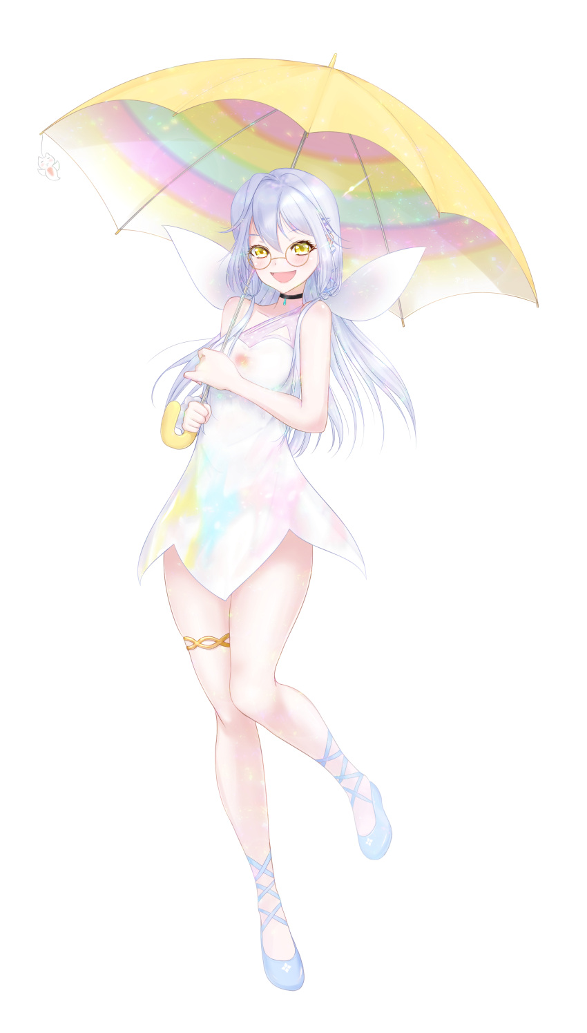 1girl, absurdres, bangs, bare_arms, bare_shoulders, black_choker, choker, commentary_request, dress, full_body, glasses, highres, holding, holding_umbrella, long_hair, looking_at_viewer, p_ion, qualia_qu, re:act, silver_hair, simple_background, thigh_strap, umbrella, virtual_youtuber, white_background, white_dress, yellow_eyes