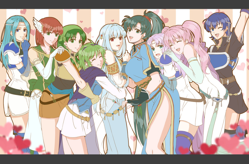 6+girls, armor, bare_shoulders, belt, blue_dress, blue_eyes, blue_hair, closed_eyes