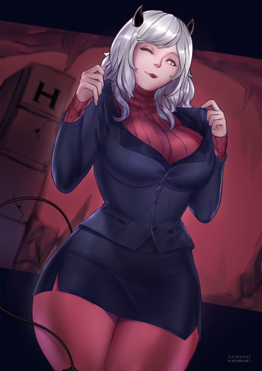 1girl, black_horns, black_jacket, black_skirt, black_tail, blazer, breasts, curvy