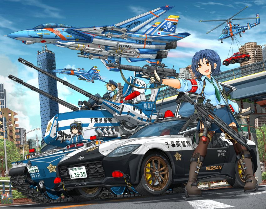 1girl, 5others, aiguillette, aircraft, airplane, armband, assault_rifle, bangs